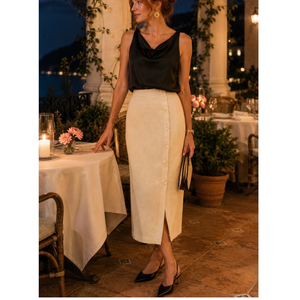 Vintage Ivory 100% Cotton Knit Midi Skirt Button Detail Pull On size S, M, L